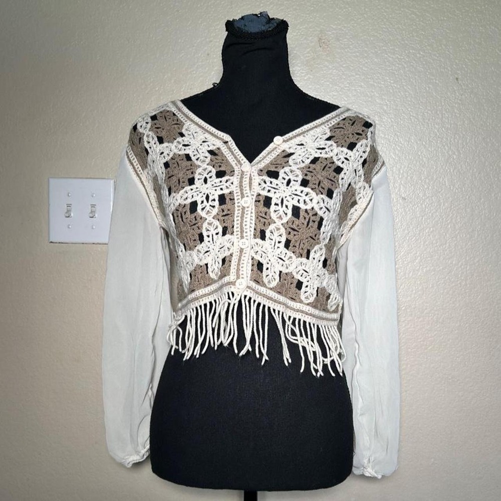 Y2K Boho Western Crochet Cardigan Top Sheer Lace Fringe Cream Brown Small